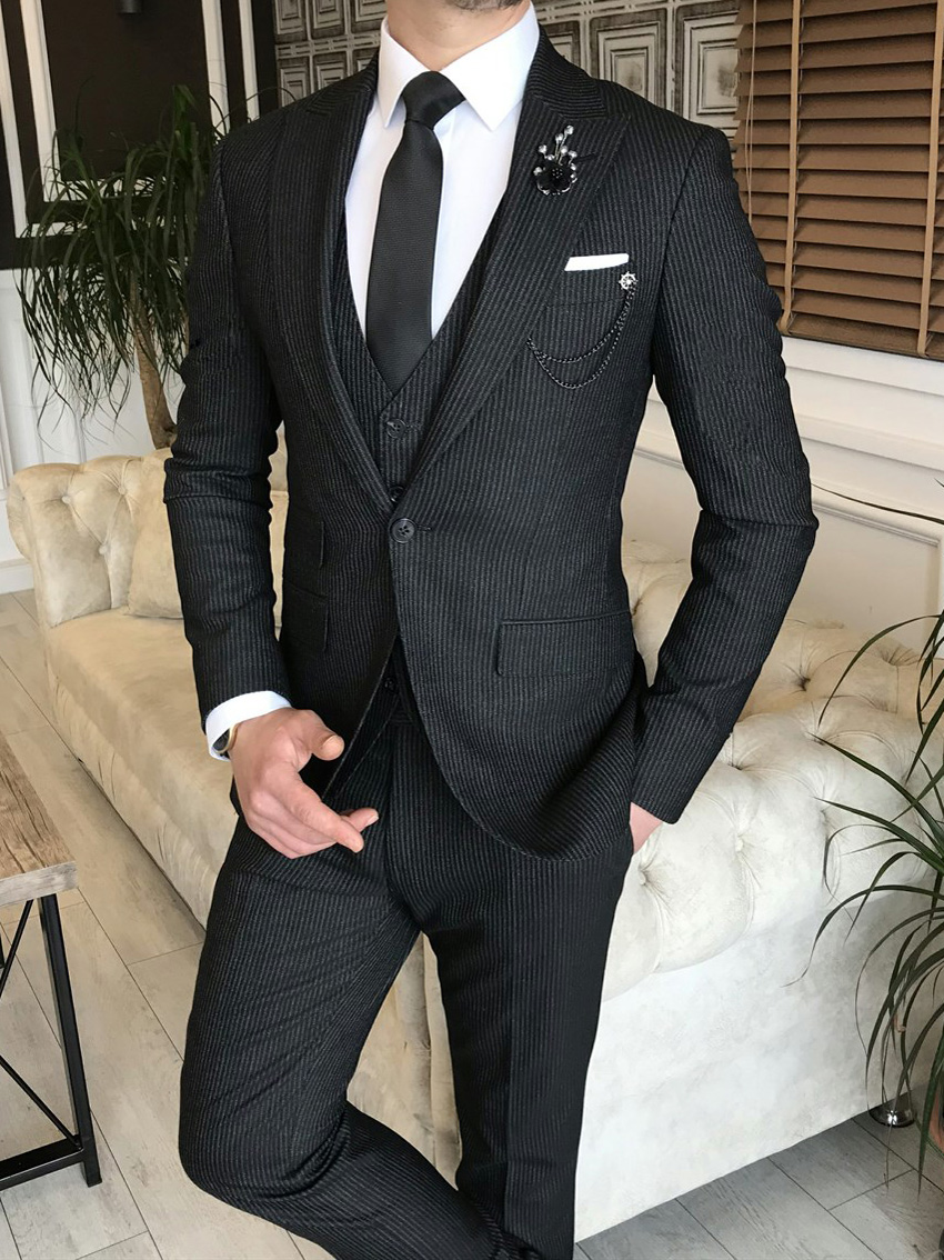 Black Slim Fit Peak Lapel Pinstripe Suit for Men | GentWith.com