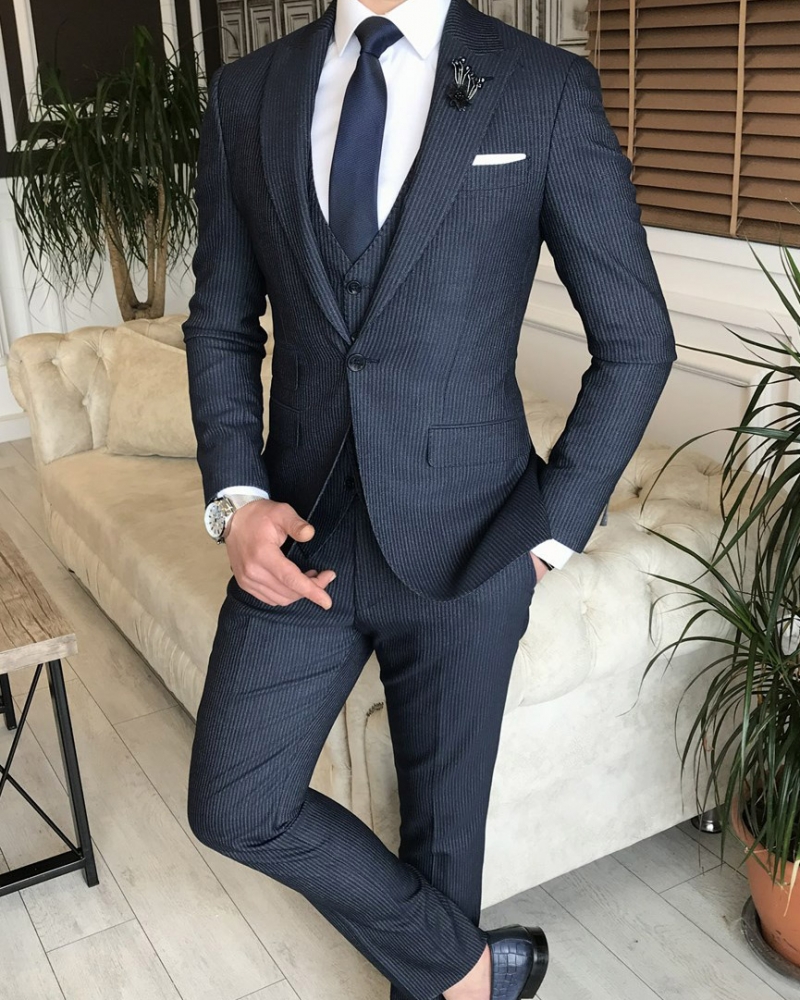 Navy Slim Fit Peak Lapel Pinstripe Suit for Men by GentWith.com