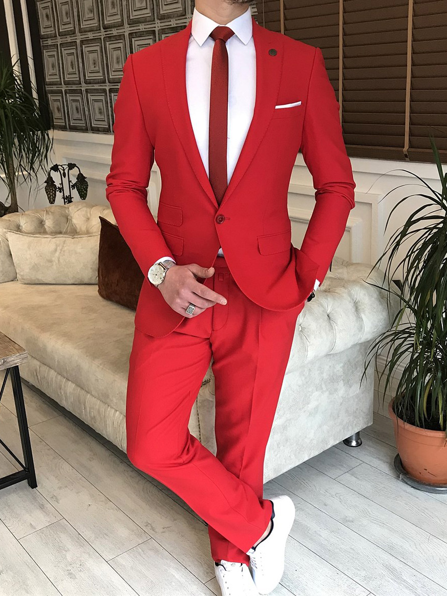 Red Slim Fit 2 Piece Peak Lapel Suit for Men by GentWith.com