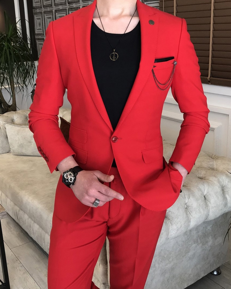 Red Slim Fit 2 Piece Peak Lapel Suit for Men by GentWith.com
