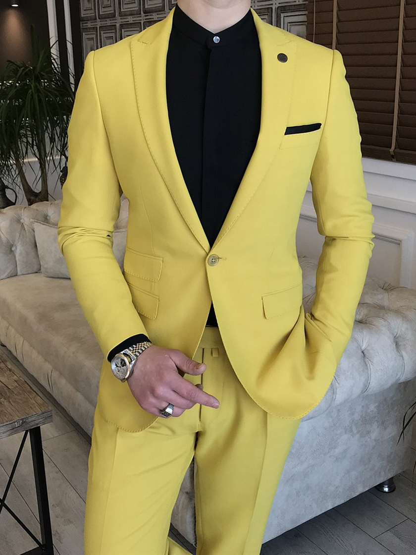 Yellow Slim Fit 2 Piece Peak Lapel Suit for Men by 