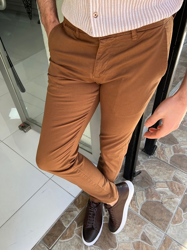 Camel Slim Fit Cotton Pants for Men by Gentwith.com with Free Worldwide Shipping