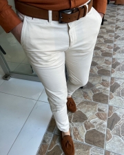 Cream Slim Fit Cotton Lycra Pants for Men by
