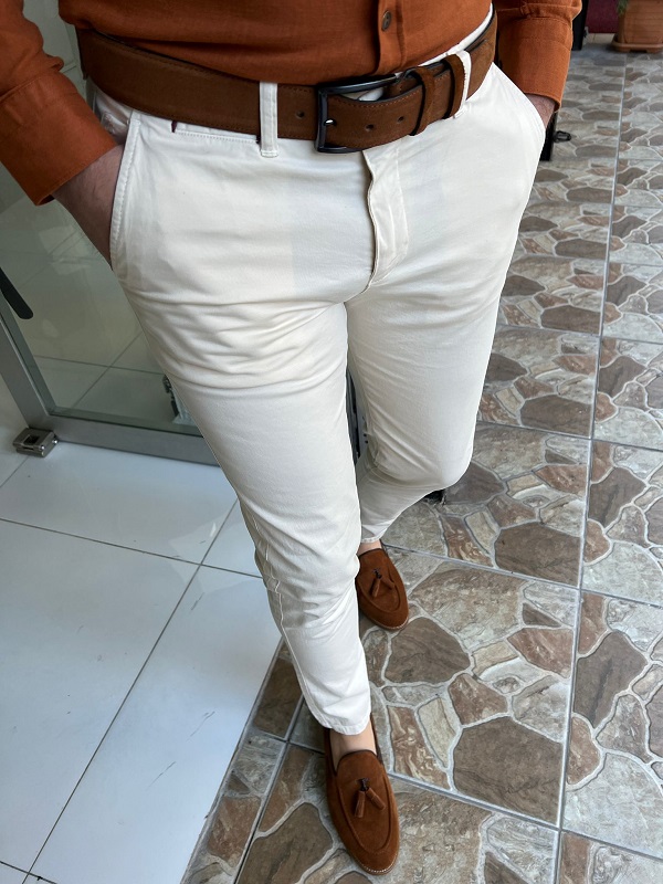 Cream Slim Fit Cotton Pants for Men by Gentwith.com with Free Worldwide Shipping
