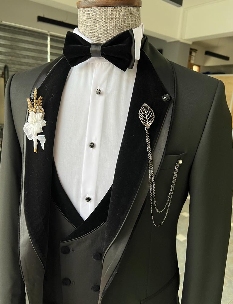 Black Slim Fit Velvet Shawl Lapel Tuxedo for Men by GentWith.com with Free Worldwide Shipping