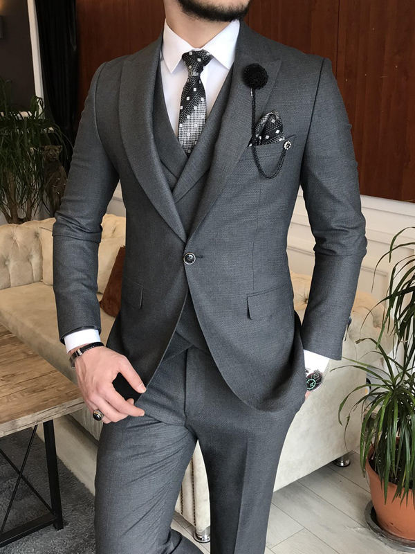 Dark Gray Slim Fit Peak Lapel Suit for Men by GentWith.com with Free Worldwide Shipping