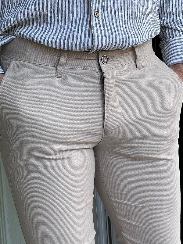 Beige Slim Fit Cotton Lycra Pants for Men by GentWith.com