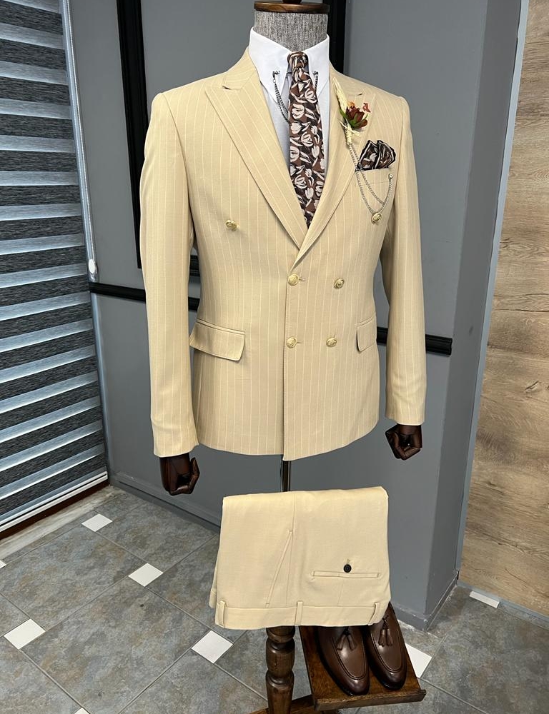 Beige Slim Fit Double Breasted Pinstripe Suit for Men by GentWith.com with Free Worldwide Shipping