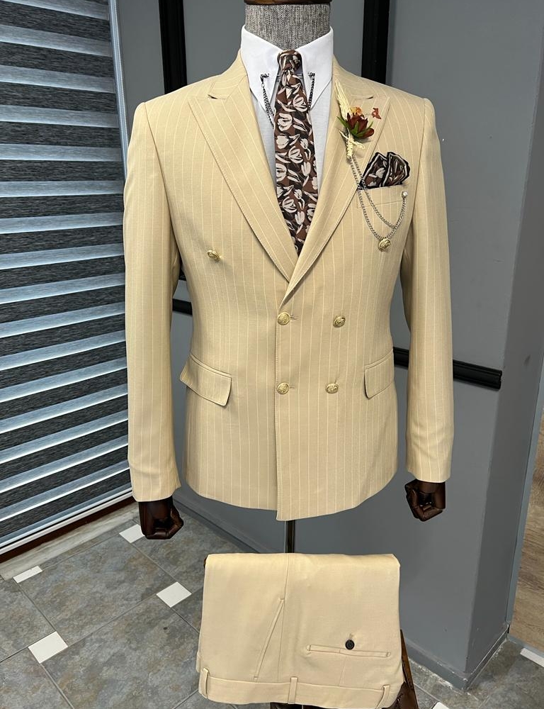 Beige Slim Fit Double Breasted Pinstripe Suit for Men by GentWith.com with Free Worldwide Shipping