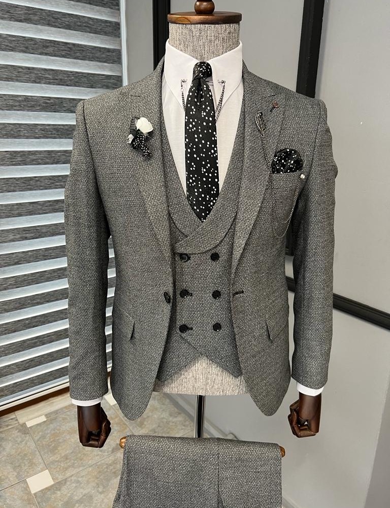 Gray Slim Fit Peak Lapel Patterned Suit for Men by GentWith.com with Free Worldwide Shipping