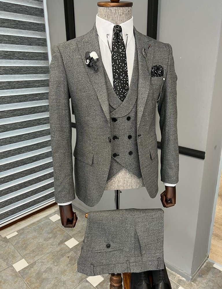 Gray Slim Fit Peak Lapel Patterned Suit for Men by GentWith.com with Free Worldwide Shipping