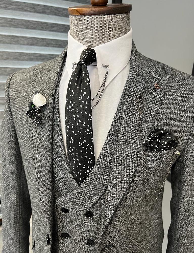 Gray Slim Fit Peak Lapel Patterned Suit for Men by GentWith.com with Free Worldwide Shipping