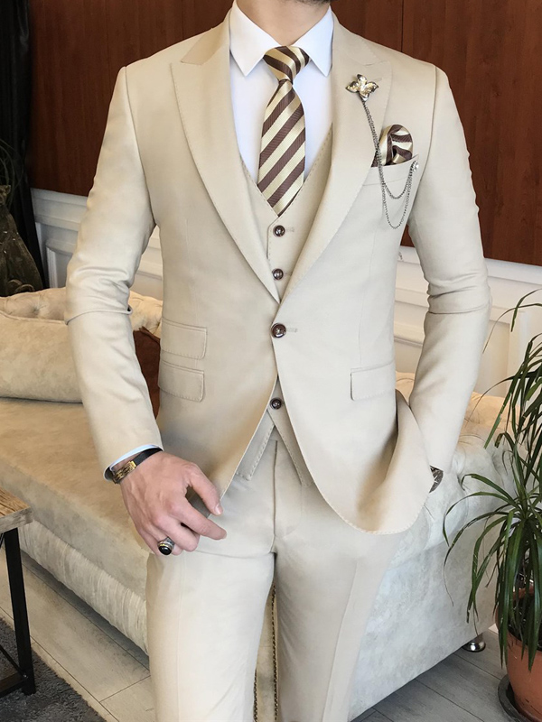 Arbutus Street Slim Fit All Cream Men's Three Piece Suit With Peak Lapels