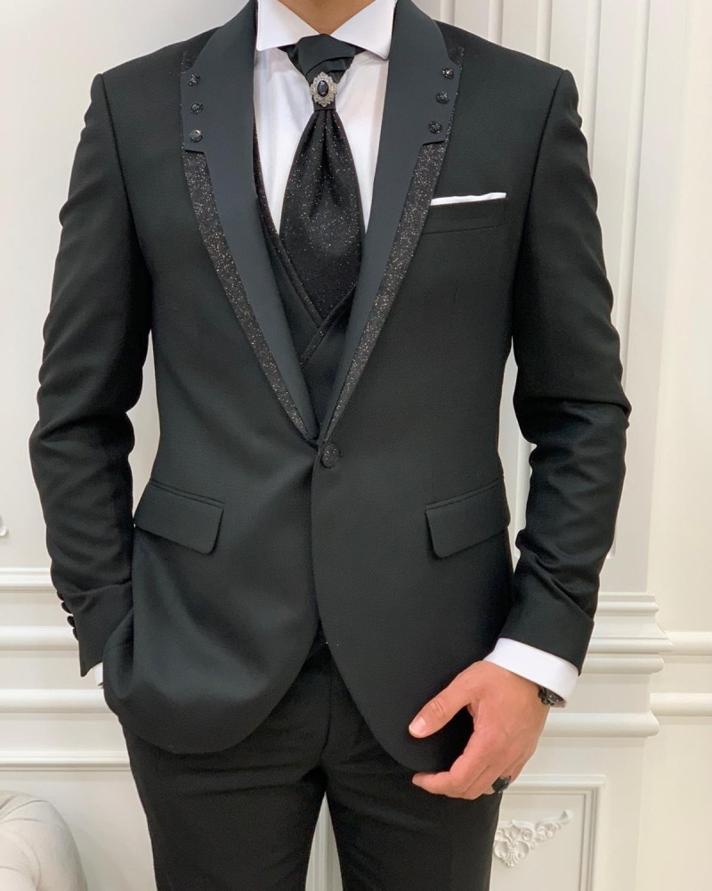 Black Slim Fit Glitter Peak Lapel Wedding Suit for Men by GentWith.com with Free Worldwide Shipping
