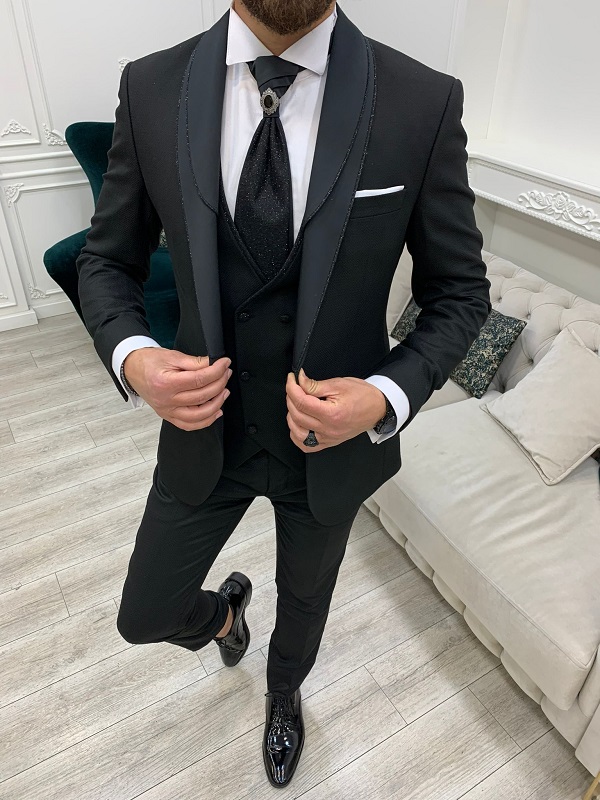 Black Slim Fit Shawl Lapel Wedding Suit by GentWith.com