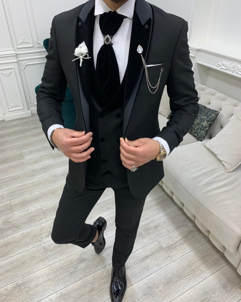 Black Slim Fit Velvet Shawl Lapel Wedding Suit for Men by GentWith.com with Free Worldwide Shipping