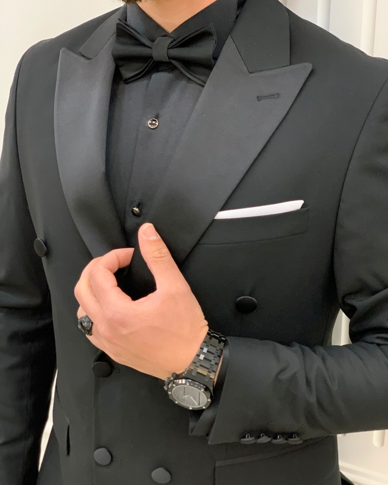 Black Slim Fit Double Breasted Peak Lapel Tuxedo for Men by GentWith.com with Free Worldwide Shipping