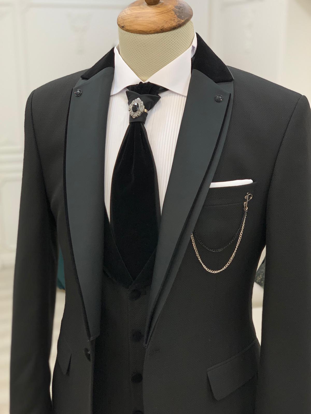 Black Slim Fit Notch Lapel Wedding Suit by GentWith.com