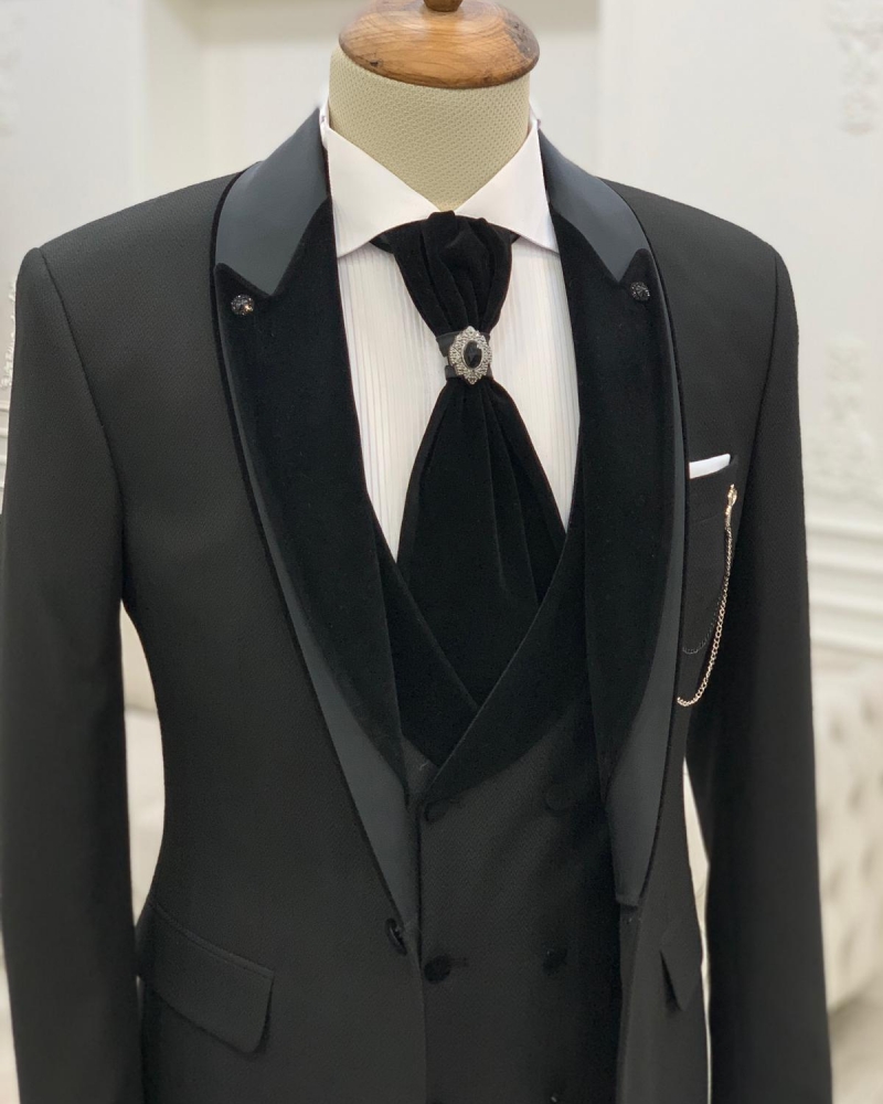 Black Slim Fit Velvet Shawl Lapel Wedding Suit for Men by GentWith.com with Free Worldwide Shipping