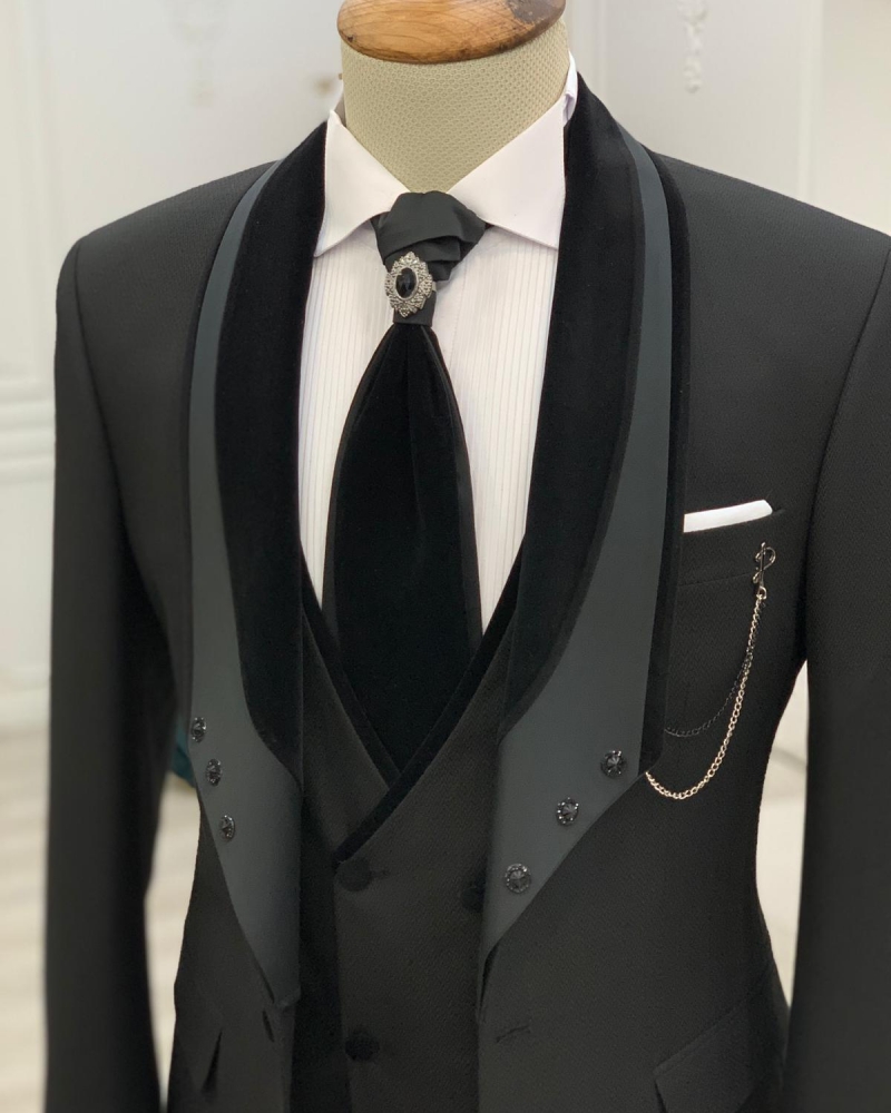 Black Slim Fit Velvet Shawl Lapel Wedding Suit for Men by GentWith.com with Free Worldwide Shipping