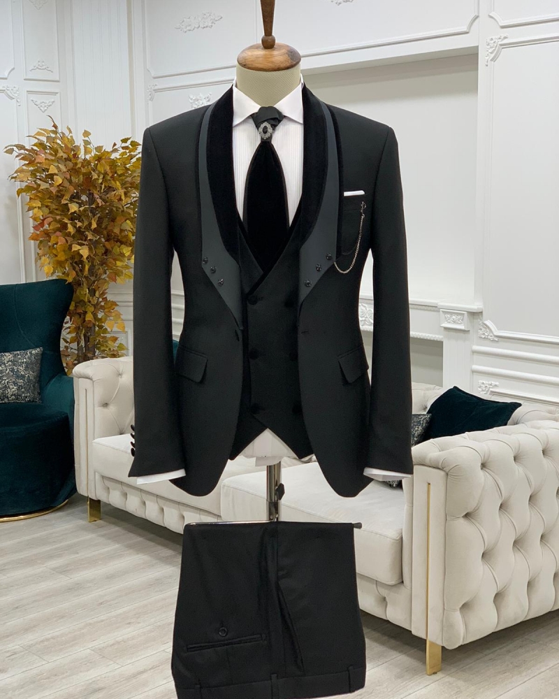 Black Slim Fit Velvet Shawl Lapel Wedding Suit for Men by GentWith.com with Free Worldwide Shipping