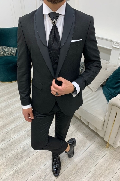 Black Slim Fit Shawl Lapel Wedding Suit