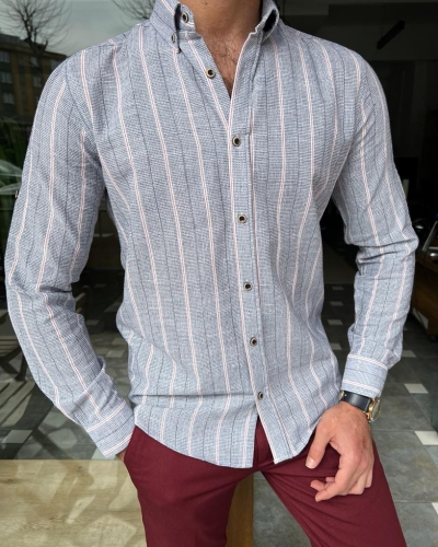 Gray Slim Fit Long Sleeve Striped Cotton Shirt for Men by GentWith.com with Free Worldwide Shipping