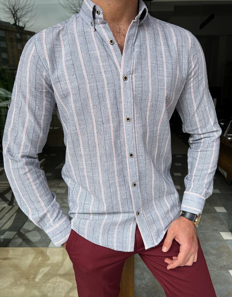 Gray Slim Fit Long Sleeve Striped Cotton Shirt for Men by GentWith.com with Free Worldwide Shipping