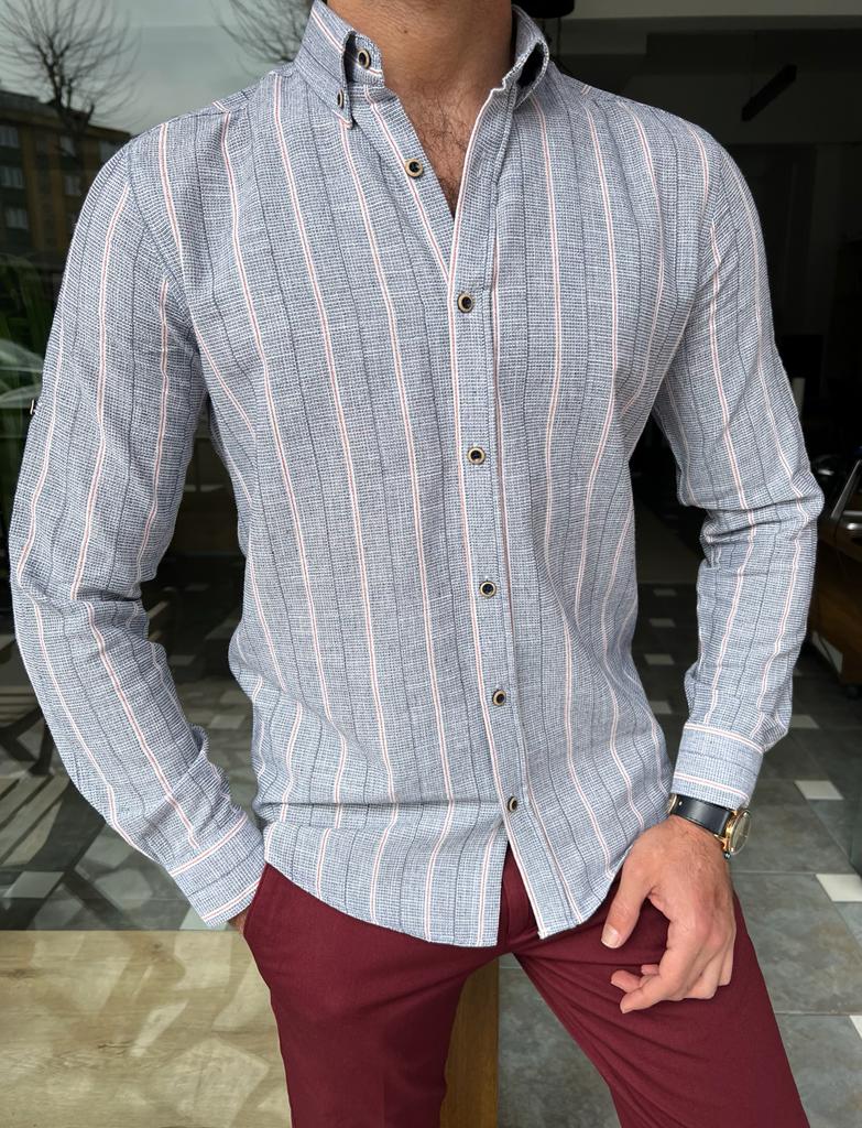 GentWith Jacksonville Gray Slim Fit Long Sleeve Striped Cotton Shirt ...