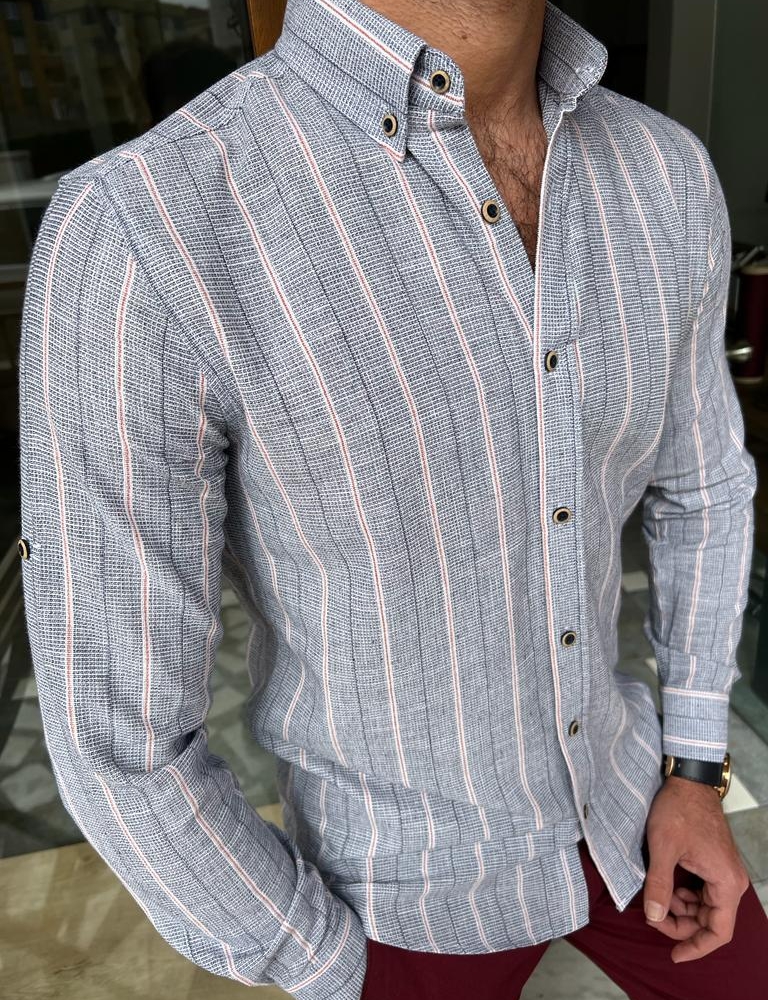 Gray Slim Fit Long Sleeve Striped Cotton Shirt for Men by GentWith.com with Free Worldwide Shipping