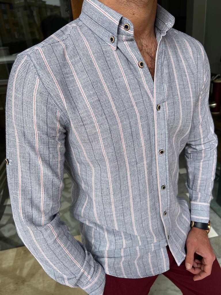 GentWith Jacksonville Gray Slim Fit Long Sleeve Striped Cotton Shirt ...