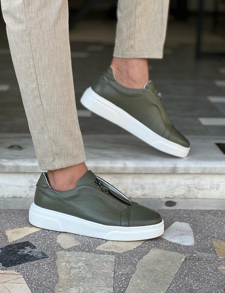 Green Mid-Top Zipper Sneakers for Men by GentWith.com with Free Worldwide Shipping