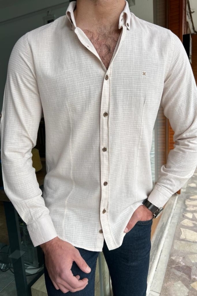 Beige Slim Fit Long Sleeve Plaid Cotton Shirt for Men by GentWith.com with Free Worldwide Shipping