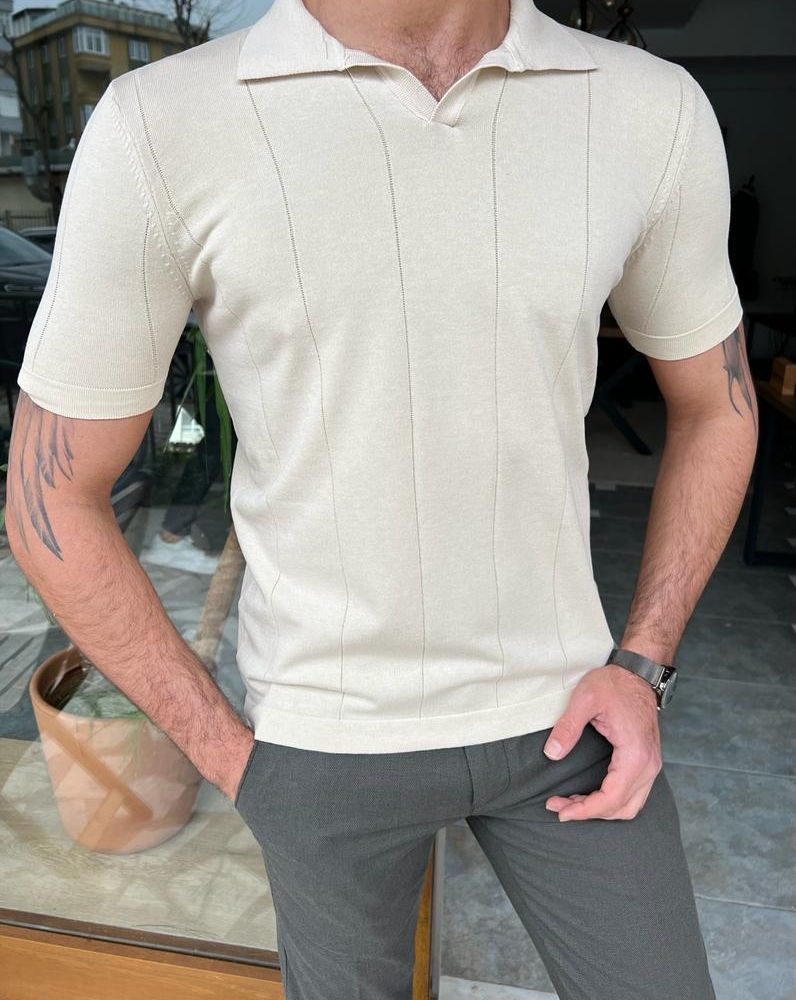 Beige Slim Fit Striped Polo T-Shirt for Men by GentWith.com with Free Worldwide Shipping