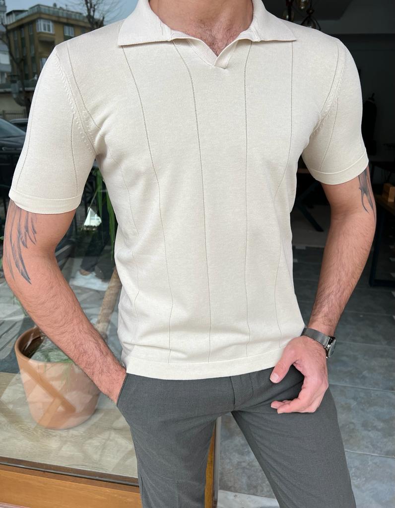 GentWith Miami Beige Slim Fit Striped Polo T-Shirt 