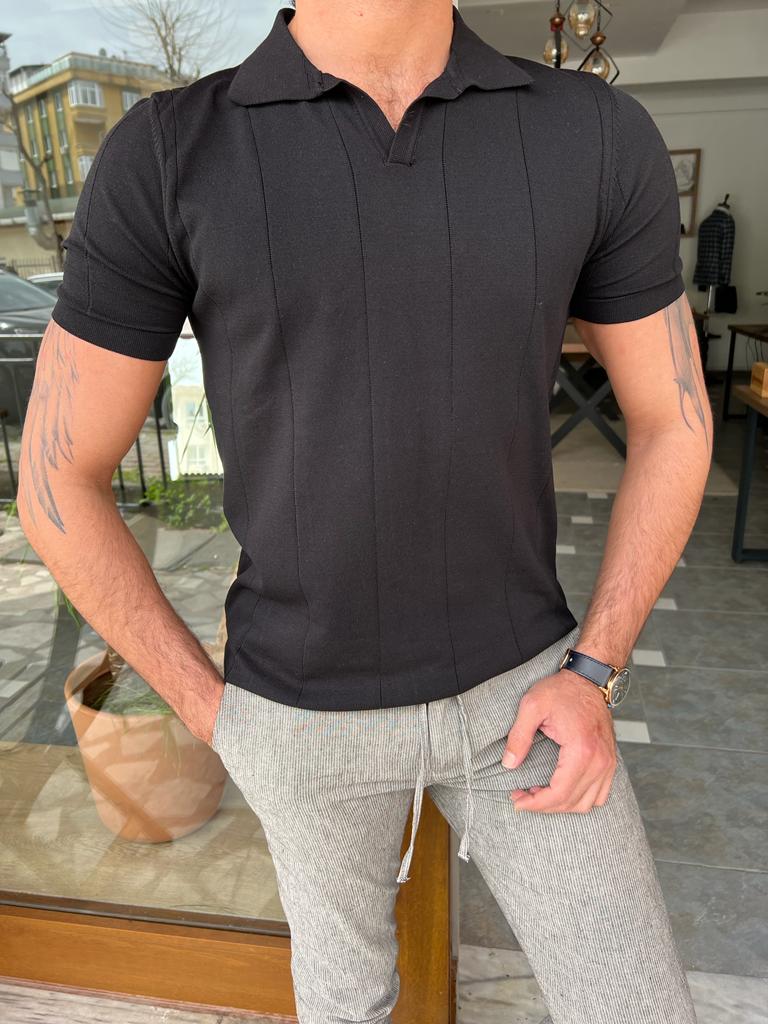 GentWith Miami Black Slim Fit Striped Polo T-Shirt 