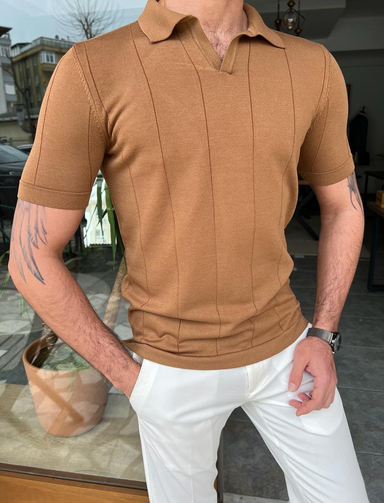 GentWith Miami Brown Slim Fit Striped Polo T-Shirt 