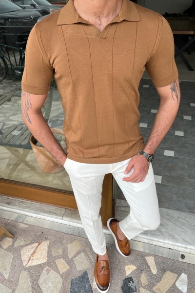 Brown Slim Fit Striped Polo T-Shirt for Men by GentWith.com with Free Worldwide Shipping