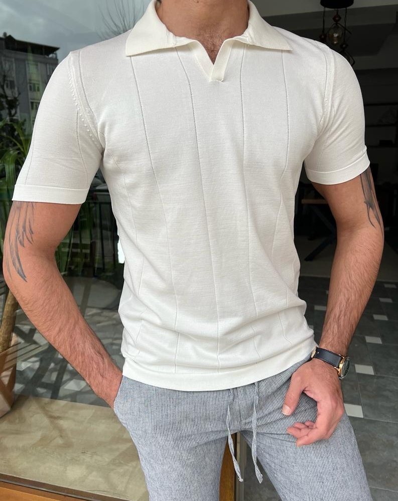 White Slim Fit Striped Polo T-Shirt for Men by GentWith.com with Free Worldwide Shipping