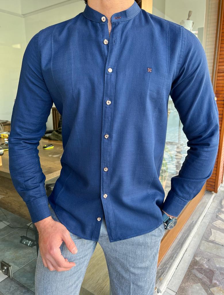 GentWith Orlando Blue Slim Fit Long Sleeve Cotton Shirt - GENT WITH