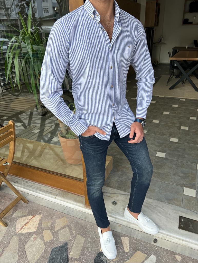 GentWith Orlando Blue Slim Fit Long Sleeve Striped Cotton Shirt