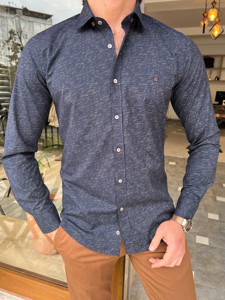 GentWith Orlando Navy Blue Slim Fit Long Sleeve Patterned Cotton Shirt ...