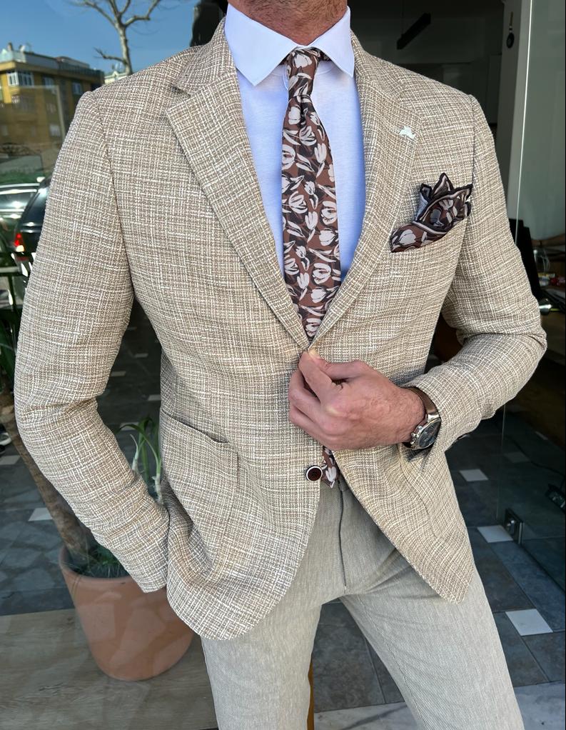 GentWith Tampa Beige Slim Fit Check Blazer 