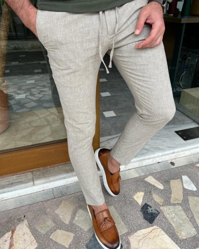 Beige Slim Fit Linen Laced Pants for Men by GentWith.com with Free Worldwide Shipping