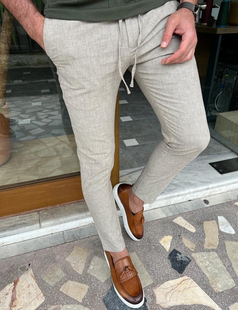 Beige Slim Fit Linen Laced Pants for Men by GentWith.com with Free Worldwide Shipping