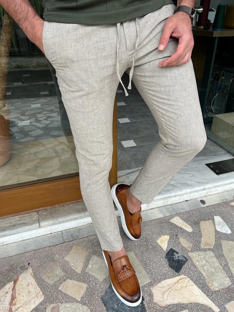 GentWith Tampa Beige Slim Fit Linen Laced Pants 