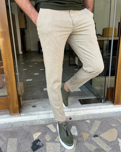 Beige Slim Fit Linen Pants for Men by GentWith.com with Free Worldwide Shipping