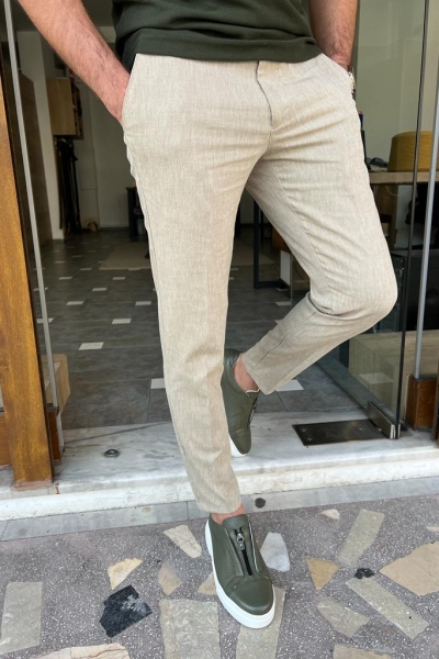 Beige Slim Fit Linen Pants for Men by GentWith.com with Free Worldwide Shipping