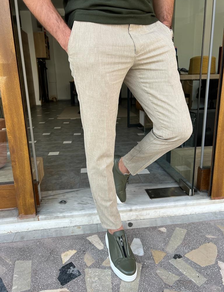 Beige Slim Fit Linen Pants for Men by GentWith.com with Free Worldwide Shipping