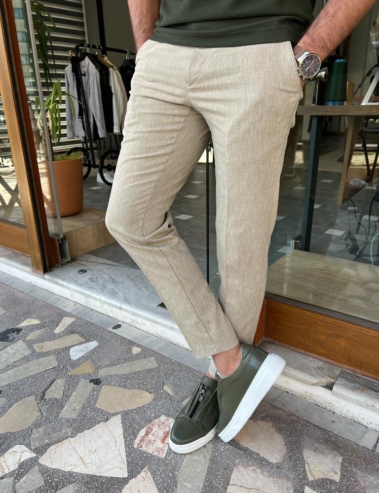 Beige Slim Fit Linen Pants for Men by GentWith.com with Free Worldwide Shipping